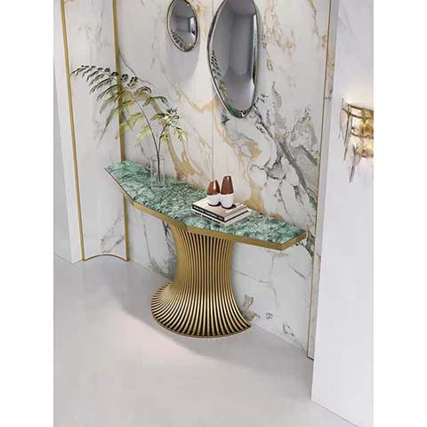 Modern Luxury Green Mosaic Top Entryway Console Table with Fluted Gold Hourglass Pedestal
