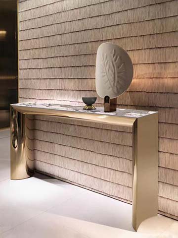 Luxury Fluted Champagne Gold Waterfall Console Table with Veined Stone Top