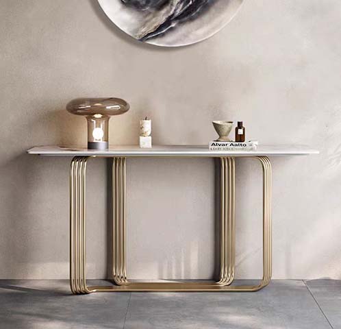 Modern Light Luxury Narrow Entry Console Table with Brushed Gold Multi-Tubular U-Frame and White Glossy Tabletop