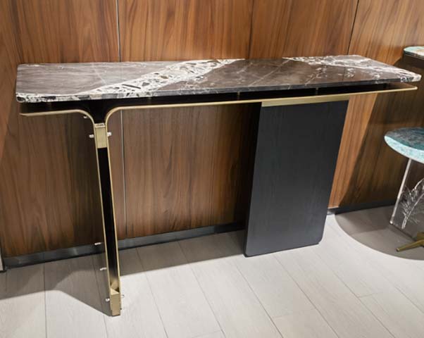 Modern Light Luxury Dark Veined Marble Console Table with Asymmetric Black and Brass Base