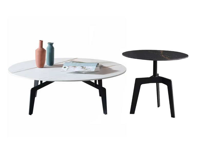 2-Piece Nested Round Coffee Table Set with Sintered Stone Tops and Black Metal Legs