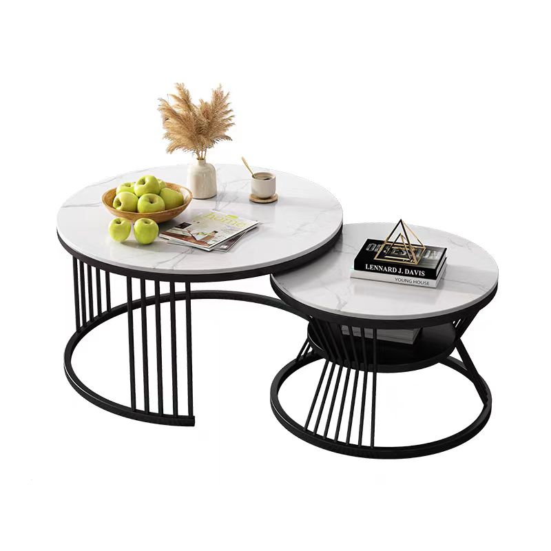 2-Piece Nesting Round Coffee Table Set, White Marble-Look Top with Black Slatted Metal Frame