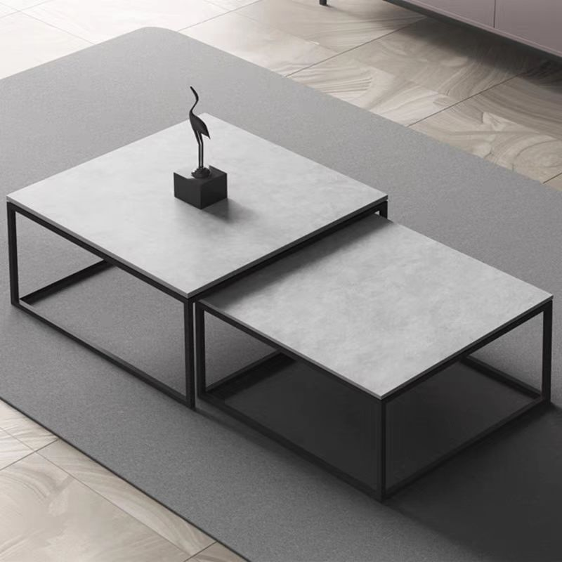 Set of 2 Minimalist Nesting Coffee Tables with Matte Gray Stone-Textured Top and Black Open Metal Frame