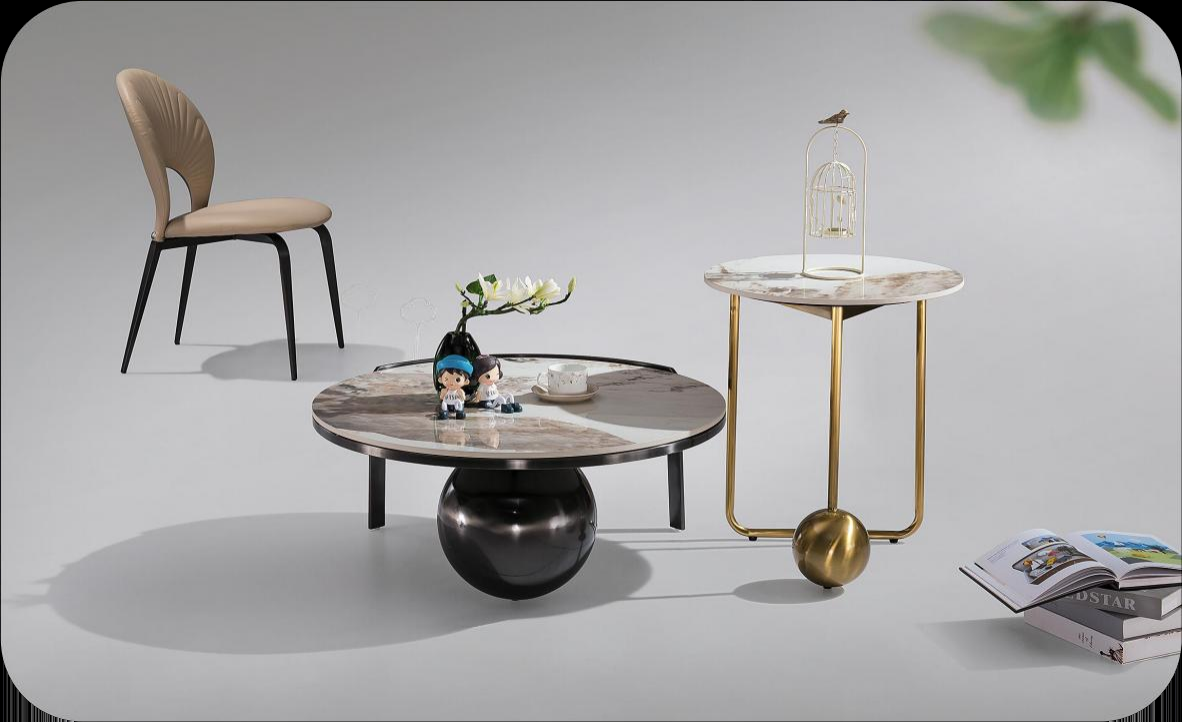 2-Piece Modern Round Nesting Coffee and Side Table Set with Spherical Metal Bases