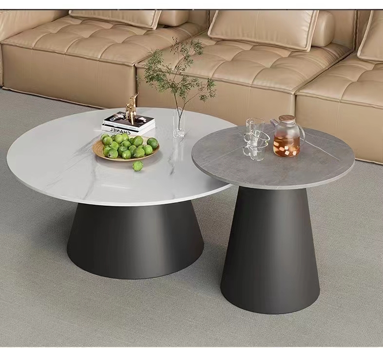 2-Piece Round Nesting Coffee Table Set with Matte Black Conical Pedestal Bases