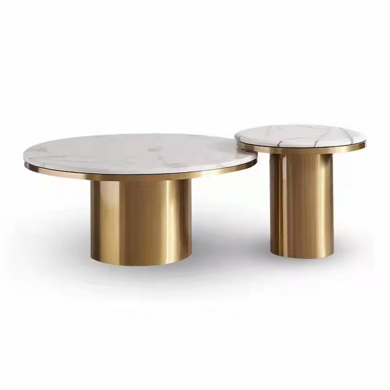 2-Piece Round Nested Coffee Table Set with Gold Cylinder Pedestal Base and White Veined Marble-Effect Top
