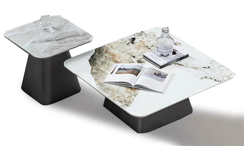 2-Piece Rounded Square Nesting Coffee Table Set with Sintered Stone Tops and Dark Matte Trapezoidal Pedestal Bases