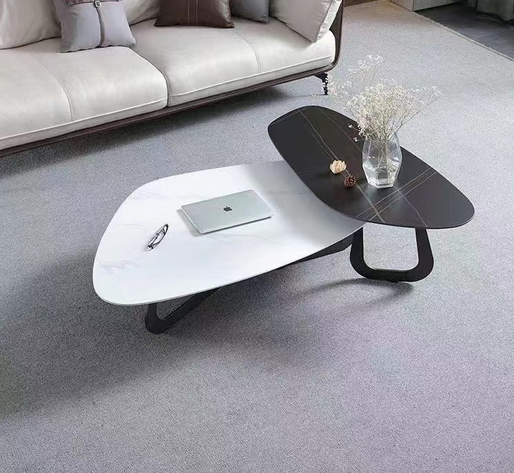 Two-Piece Nested Asymmetric Pebble Coffee Table Set, Black/White Stone-Effect Top with Black U-Cantilever Base