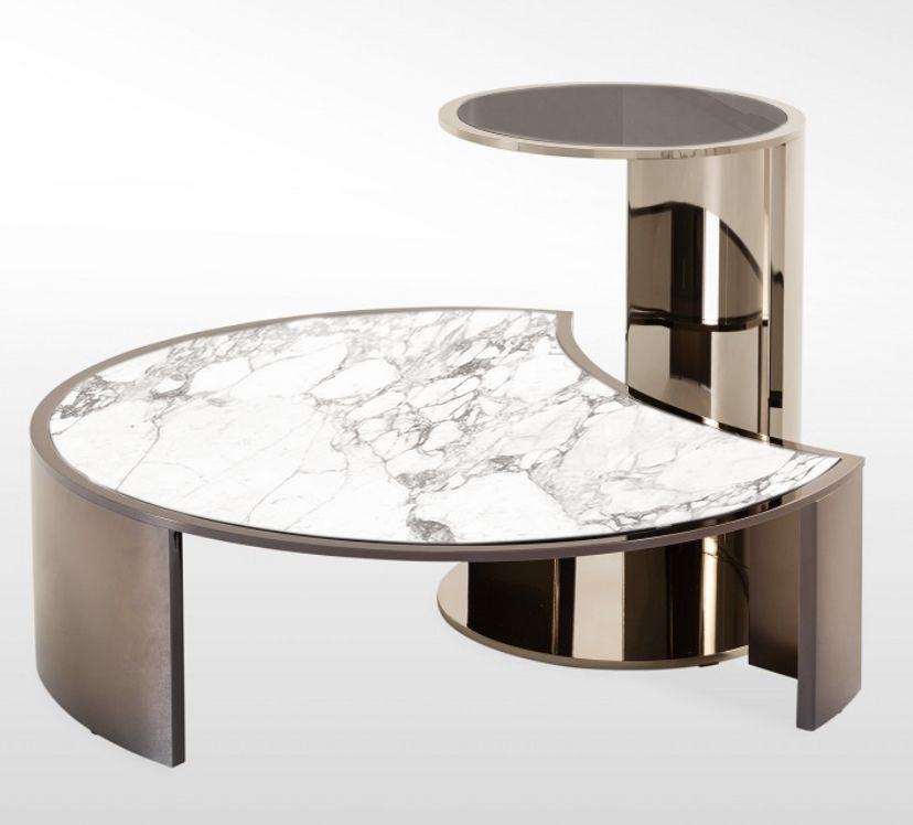 Swivel Nested Crescent Two-Tier Coffee Table with Marble-Veined Top and Smoked Glass Shelf