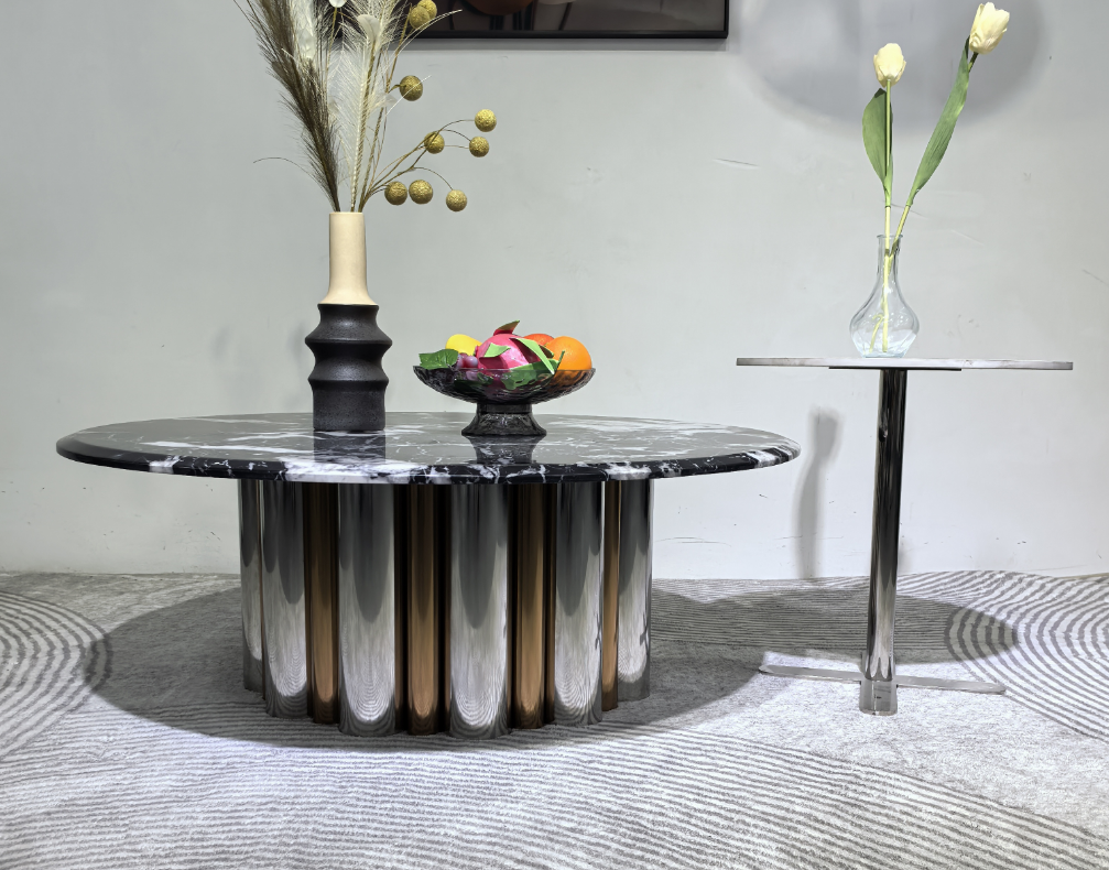 Round Black Veined Marble Coffee Table with Fluted Mixed Metal Central Pedestal