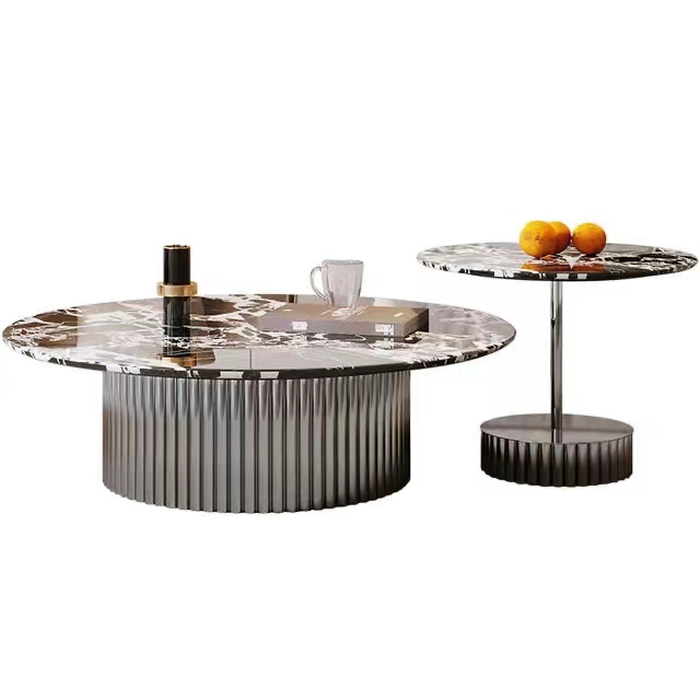 2-Piece Round Nesting Coffee Table Set with Fluted Gunmetal Base and Black Veined Glossy Top