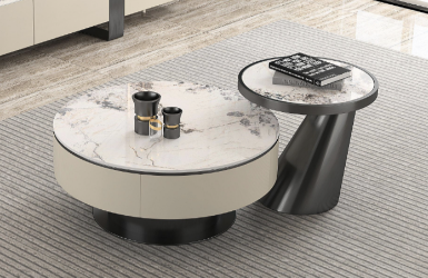 2-Piece Nested Round Sintered Stone Coffee Table Set, Beige Drum Base and Gunmetal Pedestal