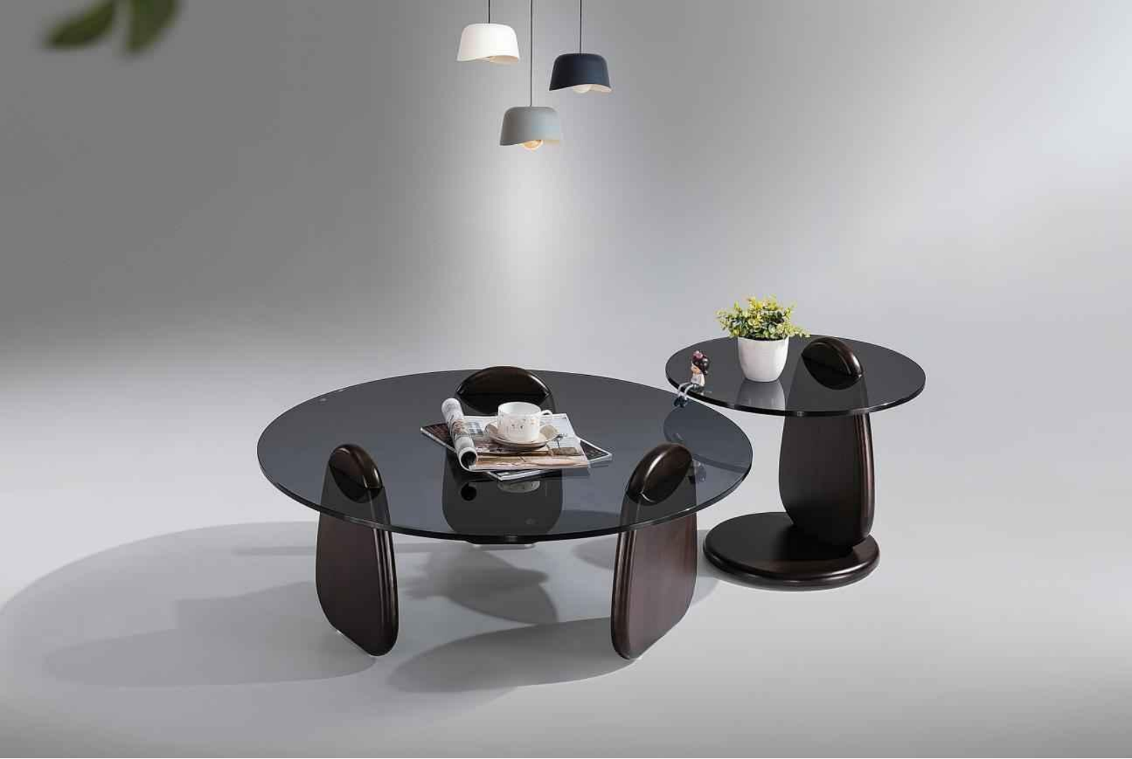 2-Piece Round Smoked Glass Nesting Coffee Table Set with Dark Solid Wood Sculptural Supports
