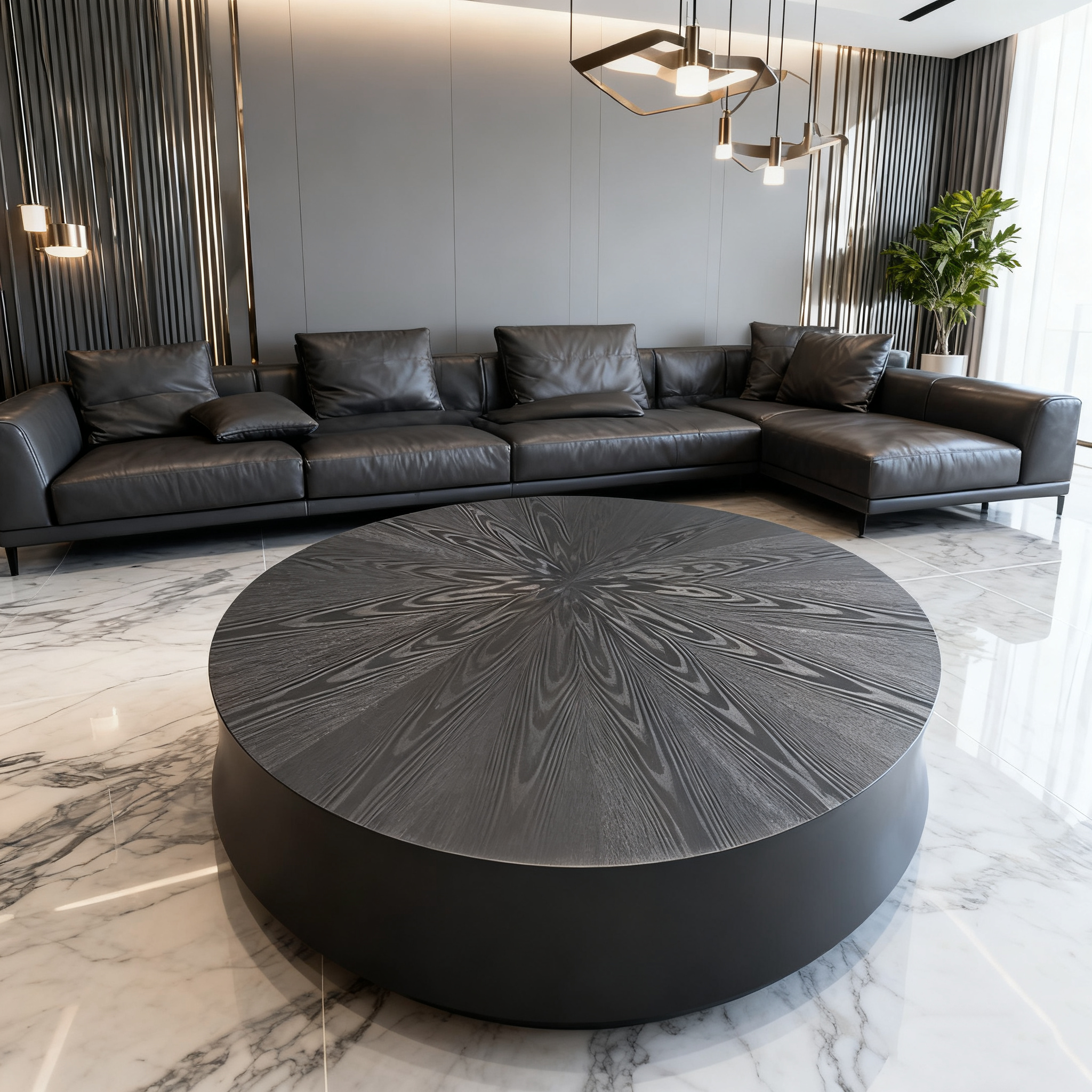 Modern Matte Black Round Drum Coffee Table with Radial Sunburst Wood Veneer Top