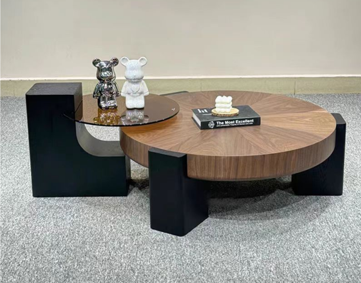 Modern Two-Tier Round Walnut Veneer Coffee Table with Swivel Smoked Glass Side Tier