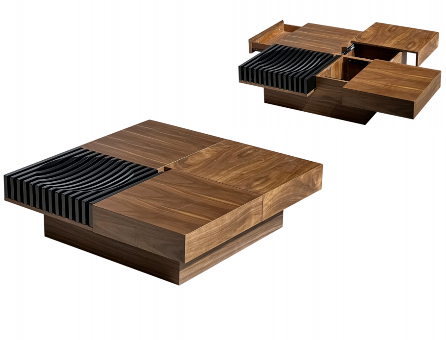 Square Block Sliding-Top Hidden Storage Coffee Table with Black 3D Slatted Accent