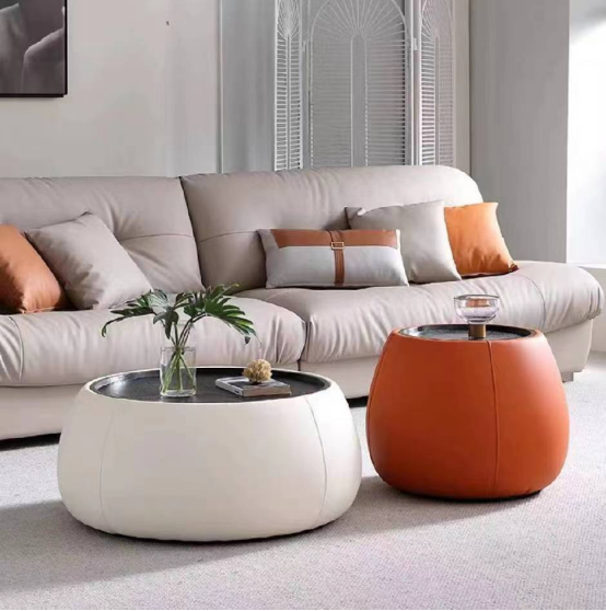 White and Orange Upholstered Drum Nested Coffee Table Set