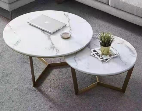 2-Piece Round Nesting Coffee Table Set with White Marble-Veined Top and Gold Geometric Metal Base