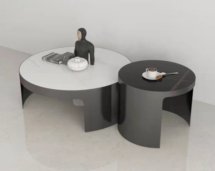 Set of 2 Nesting Round Coffee Tables with Stone-Effect Top and Gunmetal Cylindrical Base