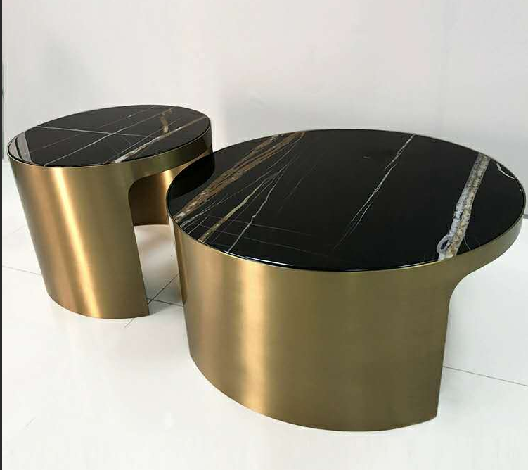 2-Piece Nesting Round Coffee Table Set with Black Veined Stone Top and Brushed Brass Drum Base