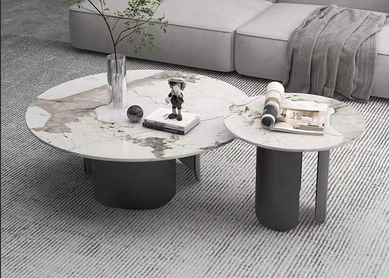Two-Piece Round Nesting Coffee Table Set, Veined Stone Top with Matte Dark Metal Bases