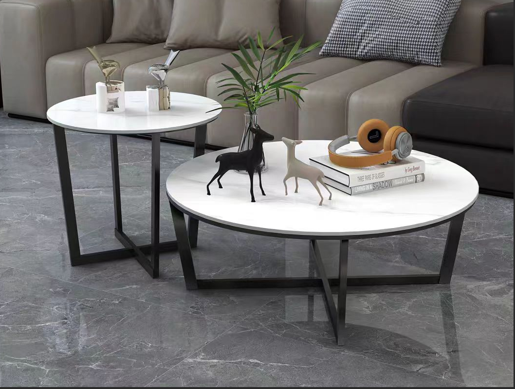 2-Piece Round Nesting Coffee Table Set, White Marble-Effect Top with Black Metal Frame