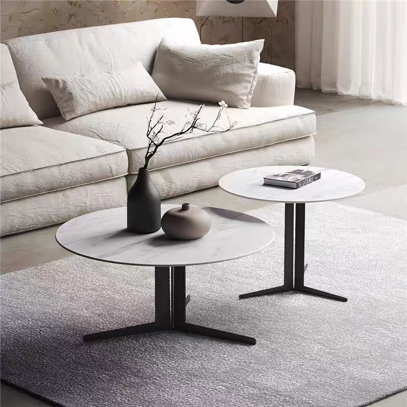 2-Piece Round Nesting Coffee Table Set with White Marble-Look Tops and Matte Black Metal Bases
