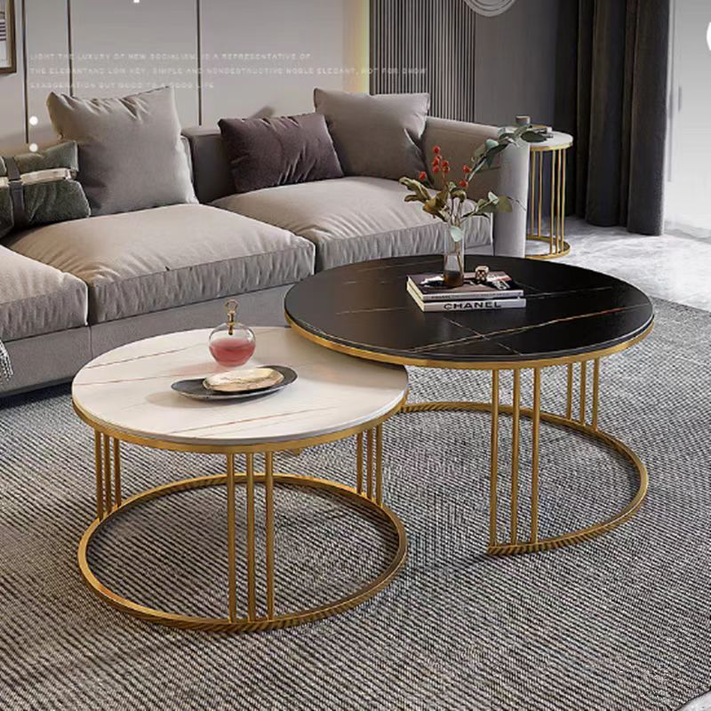 2-Piece Nesting Round Coffee Table Set with Veined Stone Tops and Gold Metal Frame