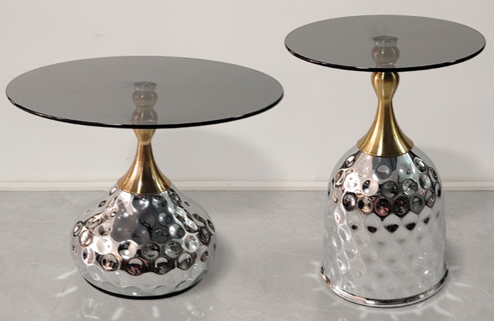 Set of 2 Graduated Smoked Glass Round Accent Side Tables with Hammered Chrome Bell Base and Brass Neck