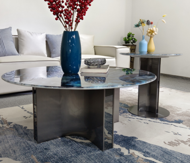 2-Piece Round Nesting Coffee and Side Table Set with Patterned Glass Top and Smoked Metal Base