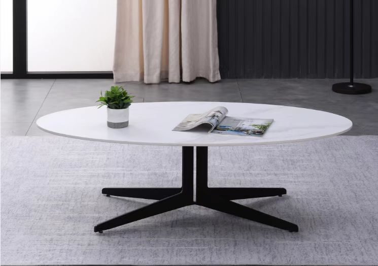 Oval White Top Coffee Table with Black 4-Prong Star Metal Base