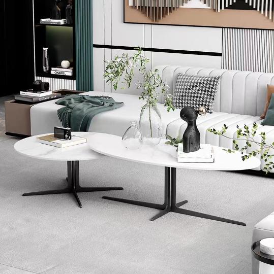 Modern 2-Piece Nesting Oval Coffee Table Set with White Stone Top and Black Metal Base