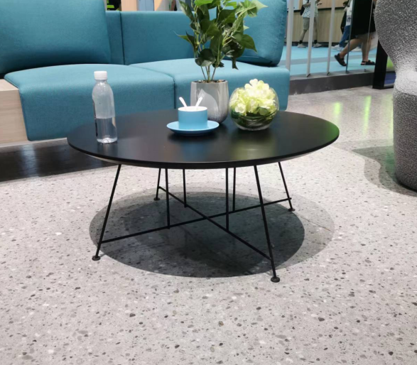 Modern Round Black Matte Coffee Table with Hairpin Metal Legs and X-Bracing