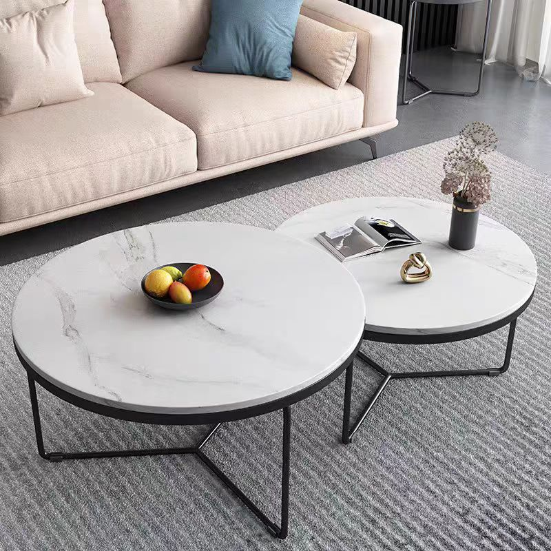 Nested Round Coffee Table Set, White Marble-Vein Top with Black Metal Frame