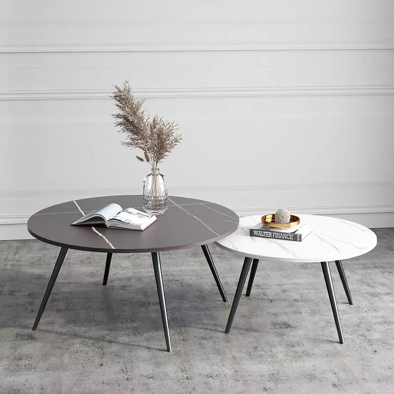 2-Piece Round Nesting Coffee Table Set, Faux Marble Top with Black Splayed Metal Legs