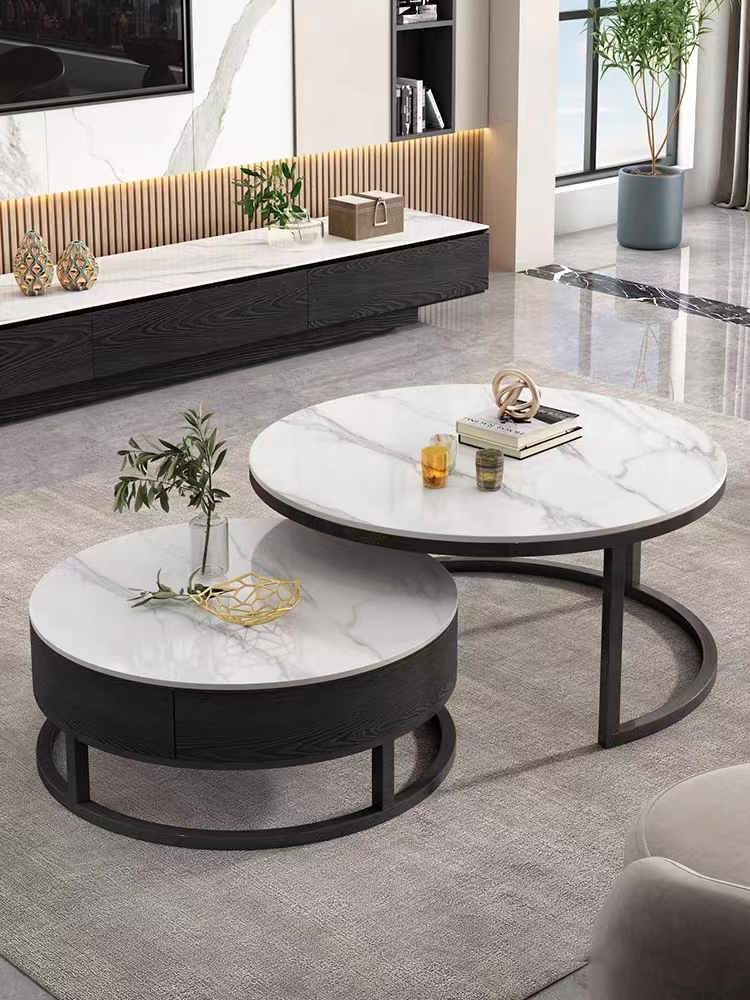 2-Piece Nested Round Coffee Table Set with Storage Drawer, White Faux Marble Top, Black Wood-Grain Body and Black Metal Half-Ring Base