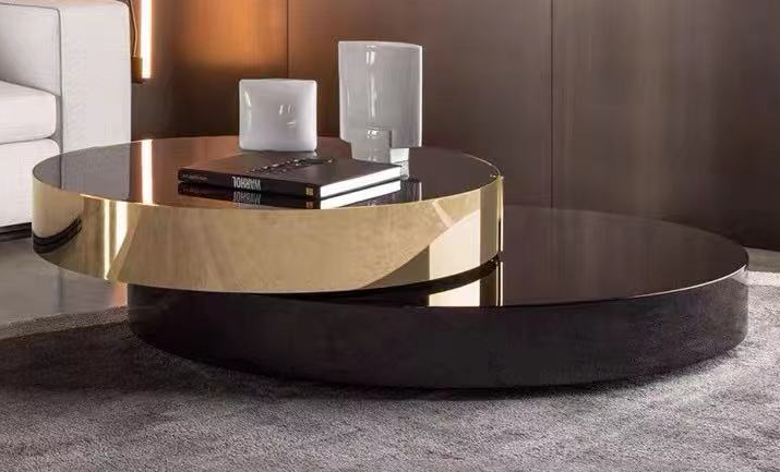 Two-Tier Rotating Nesting Round Coffee Table, Black Glossy Top with Polished Gold Fascia
