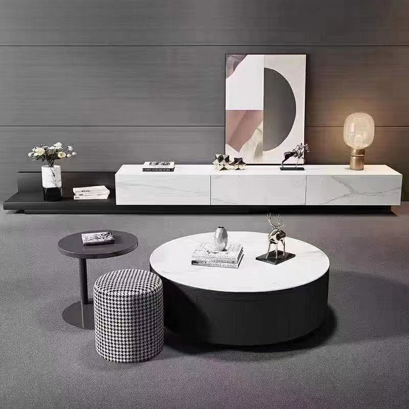Asymmetric Extendable Black and White Sintered Stone TV Media Console with Matching Round Coffee Table Set