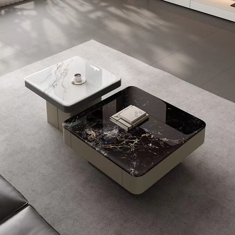 Two-Piece Square Nesting Coffee Table Set with High-Gloss Veined Tops and Matte Taupe Plinth Bases