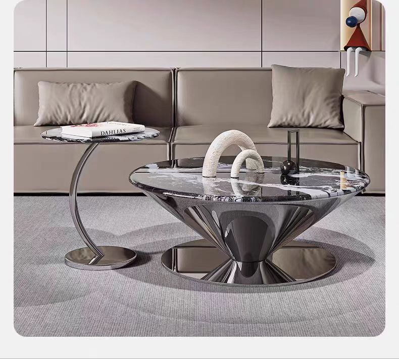 Modern Luxury Round Black Stone Top Mirror Stainless Steel Coffee Table Set with C-Shaped Side Table