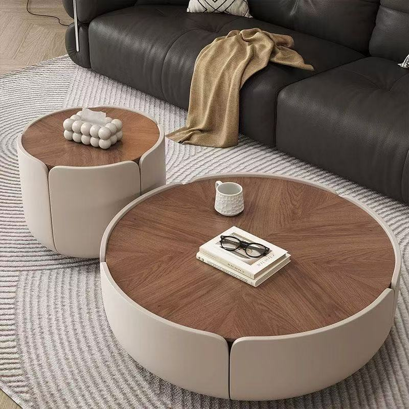 Set of 2 Nesting Round Coffee Tables, Walnut Grain Top with Off-White Petal Base