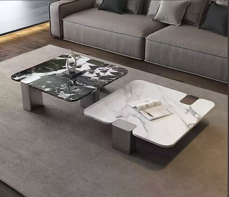 Nested Set of 2 Square Rounded-Corner Marble-Veneer Coffee Tables with Block Metal Pedestal Bases