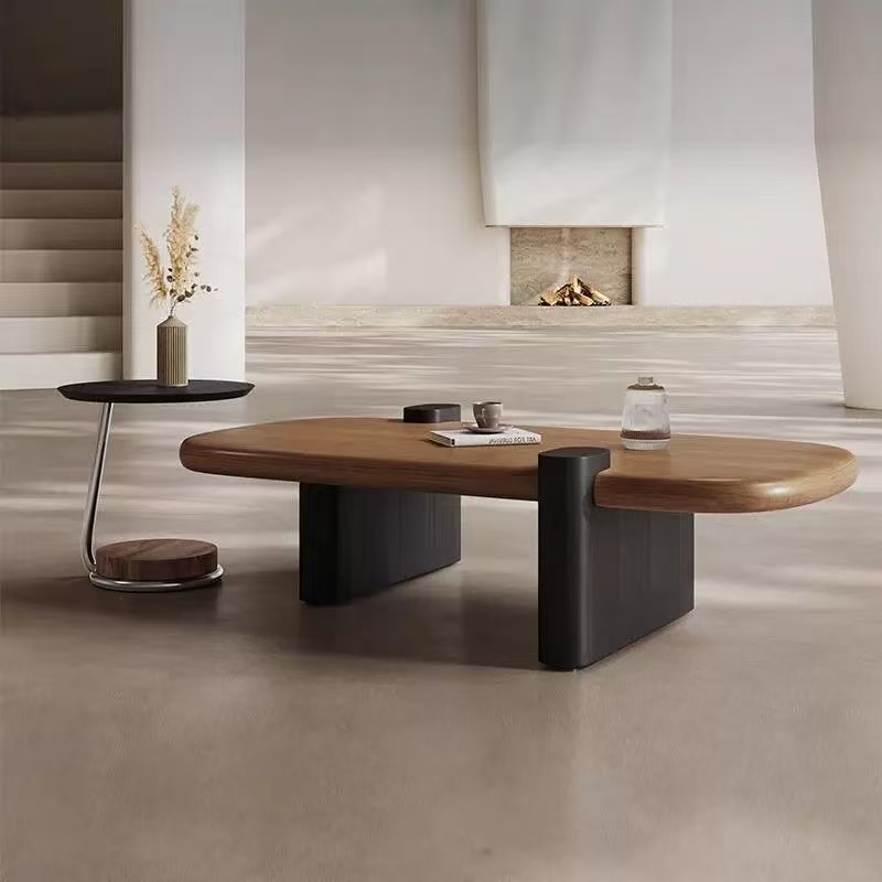 Organic Irregular Walnut-Tone Coffee Table with Asymmetric Black Block Pedestals
