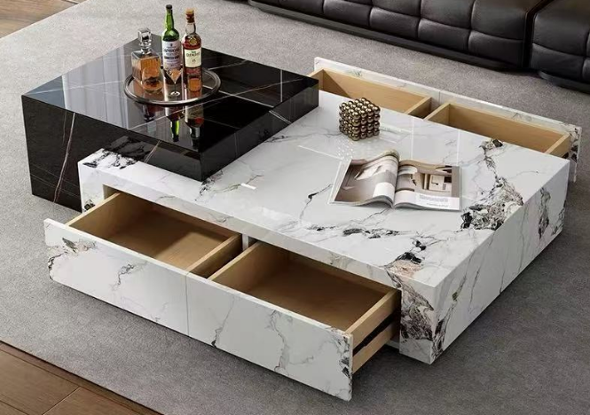 Bi-Level Marble-Effect Square Storage Coffee Table with 4 Pull-Out Drawers