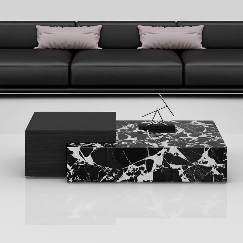 Extendable Sliding Nested Block Coffee Table with Grand Antique Marble and Matte Black Finish
