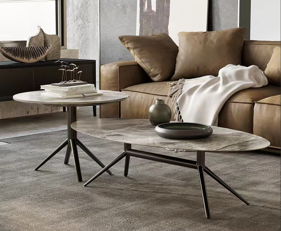 Modern Nested Oval Coffee Table Set with Stone-Effect Top and Black Metal Tripod Legs