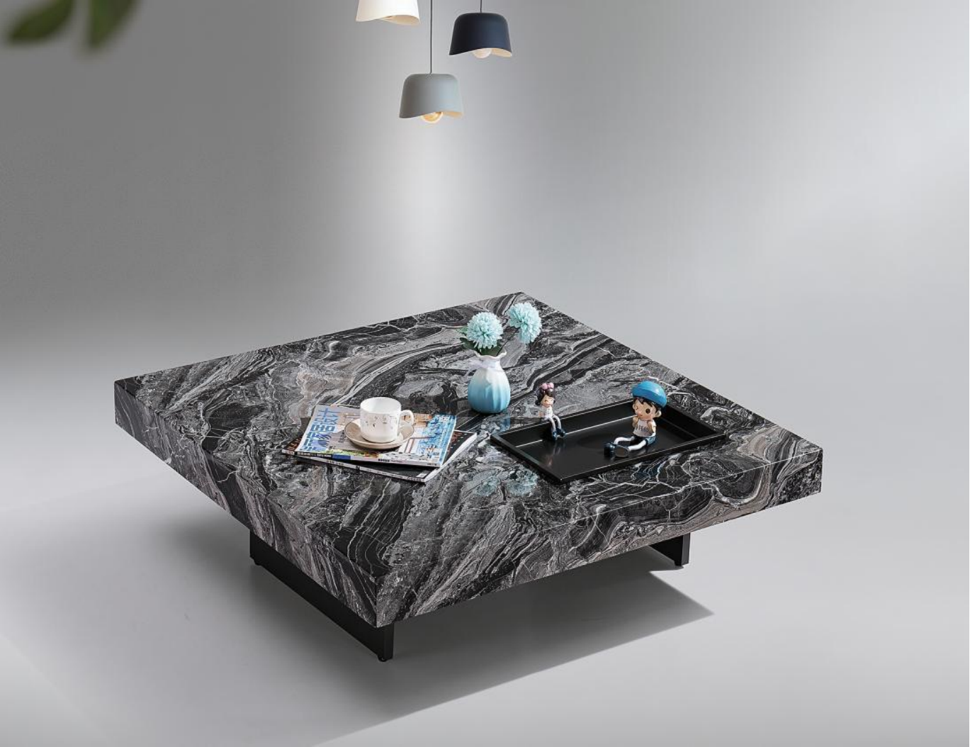 Square Low Coffee Table with Dark Veined Stone Top and Black Metal Base
