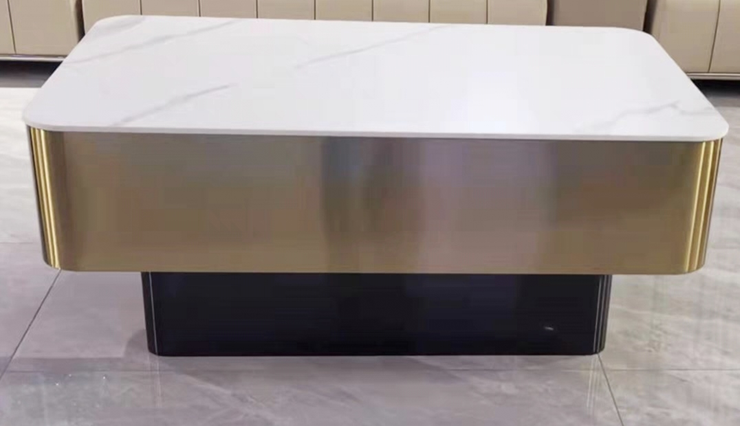 Modern Luxury Rounded Rectangular Stone Top Coffee Table with Gold Apron and Black Plinth Base