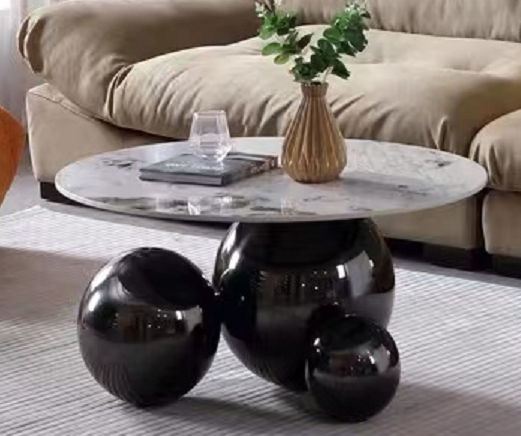Oval Marble-Pattern Top Coffee Table with Multi-Sphere Glossy Black Base
