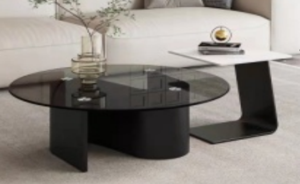 Nesting Round Glass Coffee Table with Rectangular Side Table